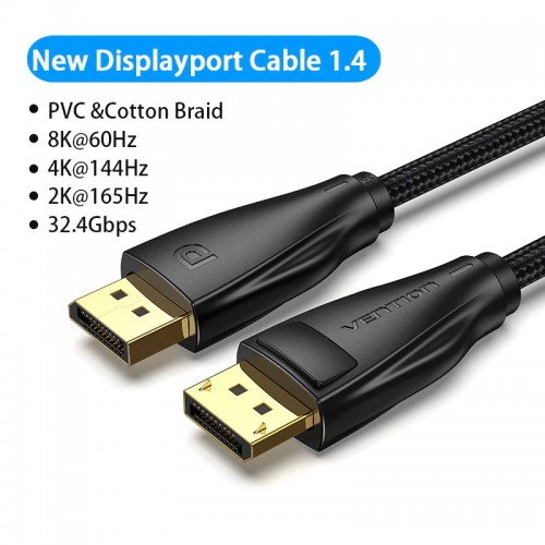 кабел Vention Display Port 1.4 DP M / M 8K 1 метър - Cotton Braided, черен