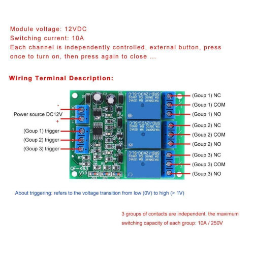 Самозаключващ се релеен модул, 3 канален 3 Channel Relay 3CH Self-Locking Relay Module