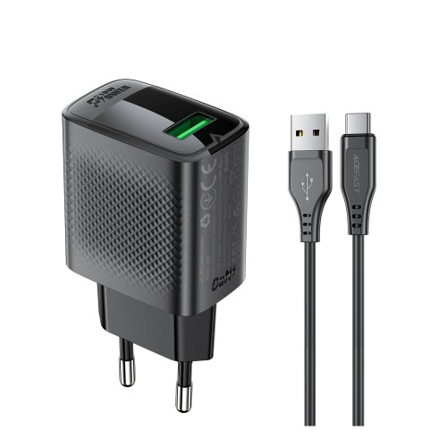 Acefast Charger Wall GaN Quick Charge 18W - A90 with 1.2m cable - USB-A x 1, Black