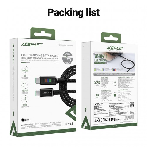 Acefast USB-C to USB-C Cable 100W 1.2m with LED display - C7-03 - Black Acefast USB-C to USB-C Cable 100W 1.2m with LED display - C7-03 - Black