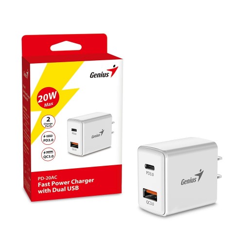 бързо зарядно Genius PD-20AC - 20W, USB-A, USB-C, PD3.0, QC3.0, бяло бързо зарядно Genius PD-20AC - 20W, USB-A, USB-C, PD3.0, QC3.0, бяло