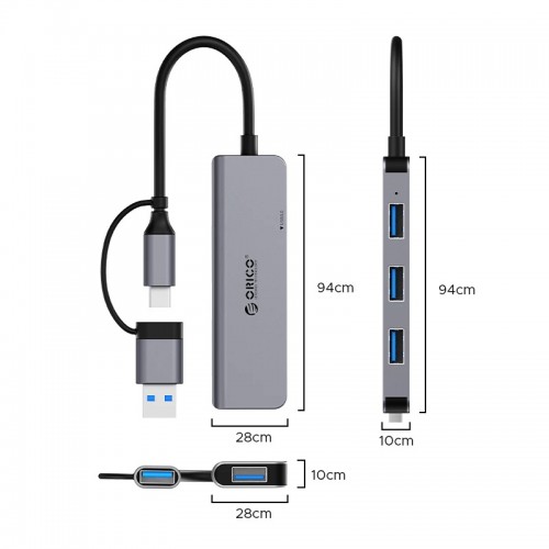 Orico HUB USB-C/USB-A 4 port - USB3.0 x 1, USB2.0 x 3, Aluminium Orico HUB USB-C/USB-A 4 port - USB3.0 x 1, USB2.0 x 3, Aluminium