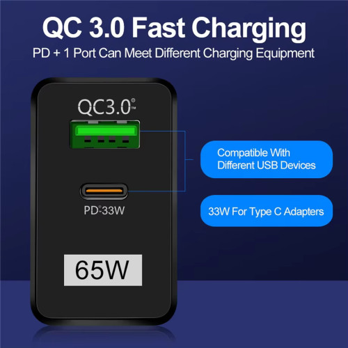 Бързо зарядно за телефон 65W PD QC3.0