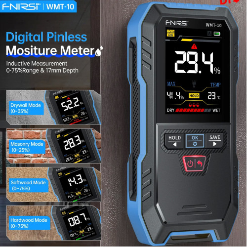 Безконтактен влагомер FNIRSI WMT-10 с 2.4" цветен дисплей – измерва влажност в дърво, тухли и мазилка с висока точност и без повреждане на повърхността.