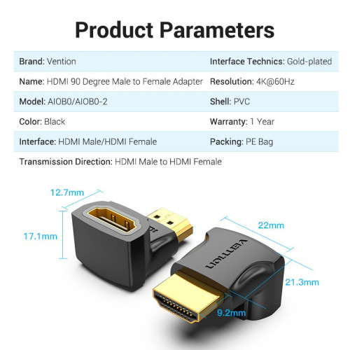 Vention HDMI адаптер 90° ъглов (M/F) – Right Angle HDMI Vention HDMI адаптер 90° ъглов (M/F) – Right Angle HDMI