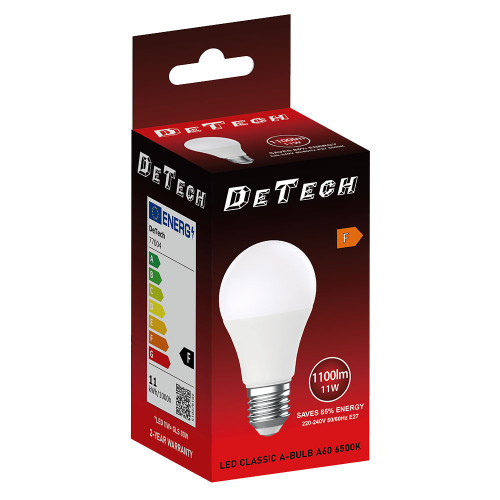 LED Крушка DeTech A60 E27, 11W, 6500K, 1050lm, Студена Бяла Светлина LED Крушка DeTech A60 E27, 11W, 6500K, 1050lm, Студена Бяла Светлина