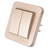 DeTech DE-9223-02 2-Gang 1-Way Light Switch with Frame, 10A, 250V, IP20, Flush Mount, Gold