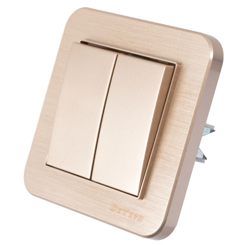 DeTech DE-9223-02 2-Gang 1-Way Light Switch with Frame, 10A, 250V, IP20, Flush Mount, Gold