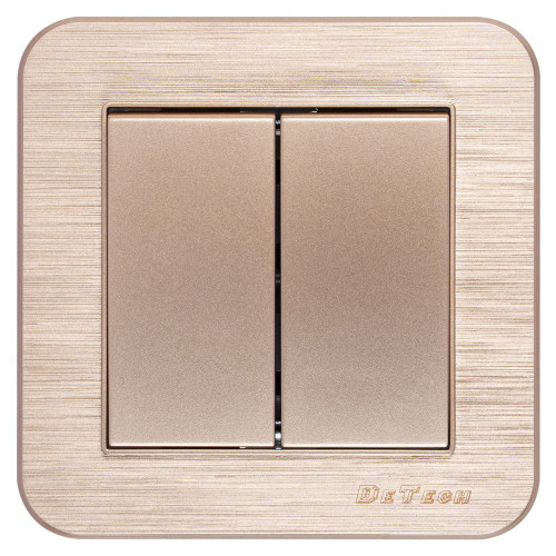 DeTech DE-9223-02 2-Gang 1-Way Light Switch with Frame, 10A, 250V, IP20, Flush Mount, Gold