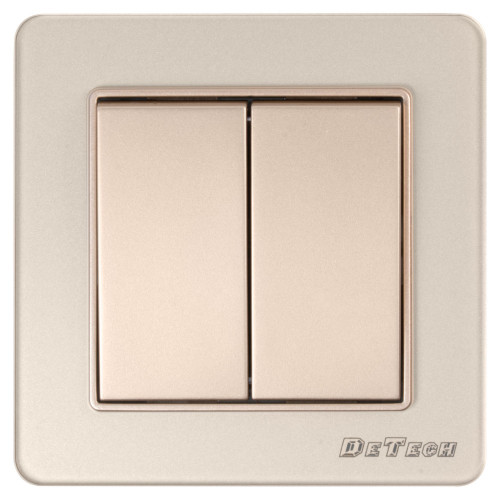 DeTech DE-6008-02 2-Gang 1-Way Light Switch, 10A, 250V, IP20, Flush Mount, Gold
