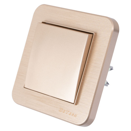 DeTech DE-9223-01 1-Gang 1-Way Light Switch with Frame, 10A, 250V, IP20, Flush Mount, Gold