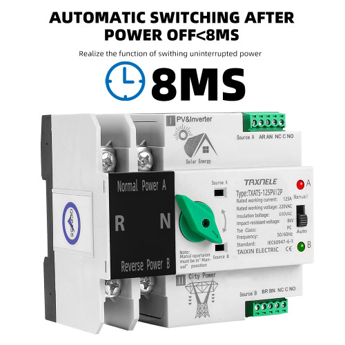 Taxnele ATX-4P 4P ATS за PV инвертор – автоматичен превключвател 63A 4P Din Rail ATS PV Inverter Dual Power Automatic Transfer Selector Switches Uninterrupted 63A 100A 125A Photovoltaic Solar