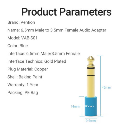 Vention 6.5mm Stereo M to 3.5mm Stereo F Audio Adapter Vention 6.5mm Stereo M to 3.5mm Stereo F Audio Adapter