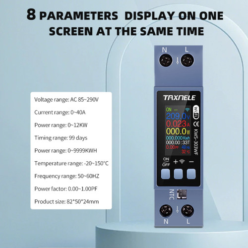 Taxnele KWS-303WF Tuya WiFi AC монитор 40A DIN шина TUYA WiFi AC Monitor 110V 220V Over Voltage Current Protection KWH Energy Temperature Meter Relay Switch Circuit Breaker Kws303