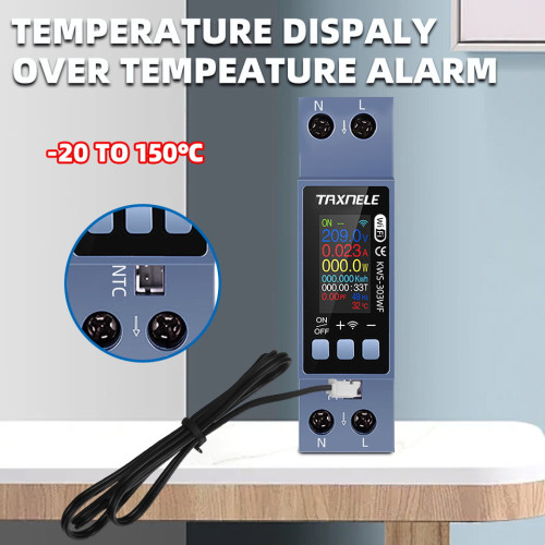 Taxnele KWS-303WF Tuya WiFi AC монитор 40A DIN шина TUYA WiFi AC Monitor 110V 220V Over Voltage Current Protection KWH Energy Temperature Meter Relay Switch Circuit Breaker Kws303