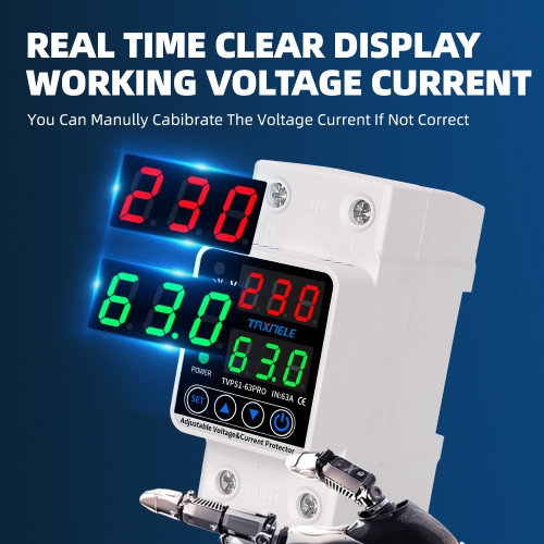 Taxnele 63A 230V цифров защитен прекъсвач с двоен дисплей Dual Display 63A 230V Din Rail Adjustable digital Over Under Voltage Relay Protector Limit Over Current Protection