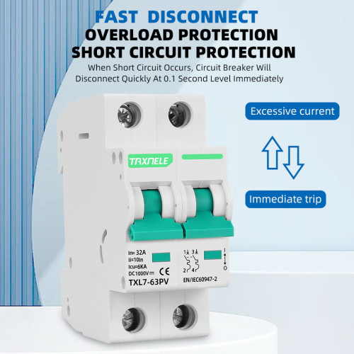 Taxnele TXL7-63PV DC MCB 1000V DC 6kA – 10A до 63A DC MCB Battery Solar Mini Circuit Breaker L7 2P 1000VDC Short Circuit Protection 10A 16A 20A 25A 32A 40A 63A PV 1P & 3P Poles