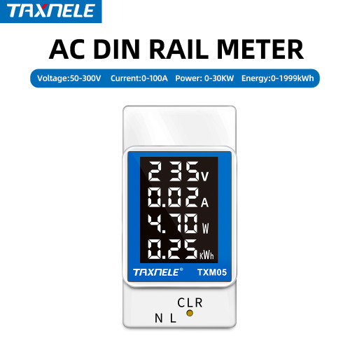 Taxnele TXM05 4-in-1 AC Monitor 100A DIN Rail 4IN1 Din Rail AC Monitor 110V 220V 100A Voltage Current Watt KWH Power Energy Meter VOLT AMP Voltmeter Ammeter Wattmeter